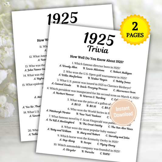1925 Trivia Game | Printable 100th Birthday Party Game
