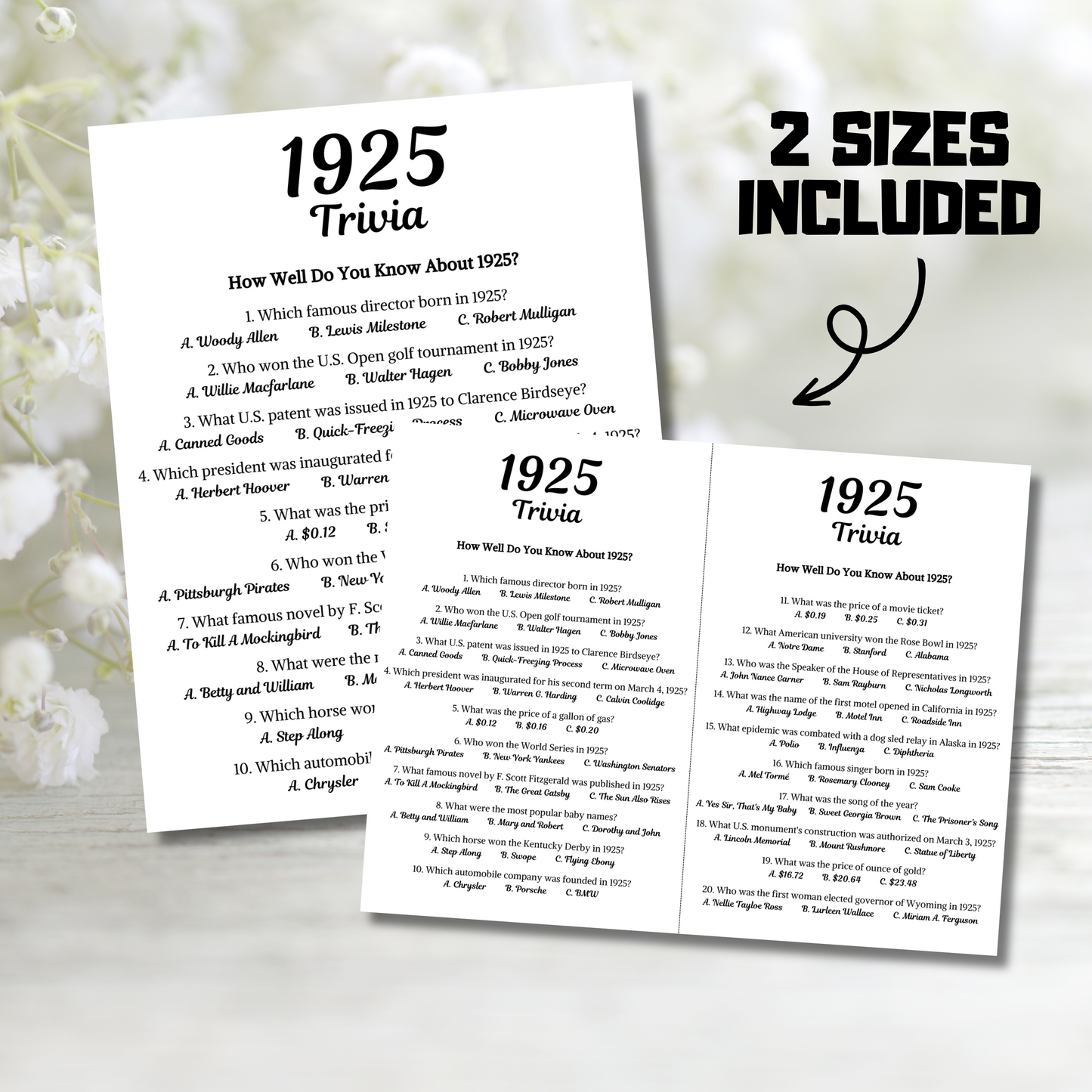 1925 Trivia Game | Printable 100th Birthday Party Game
