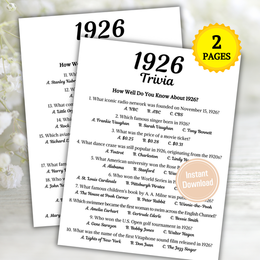 1926 Trivia Game | Printable 99th Birthday Party Game