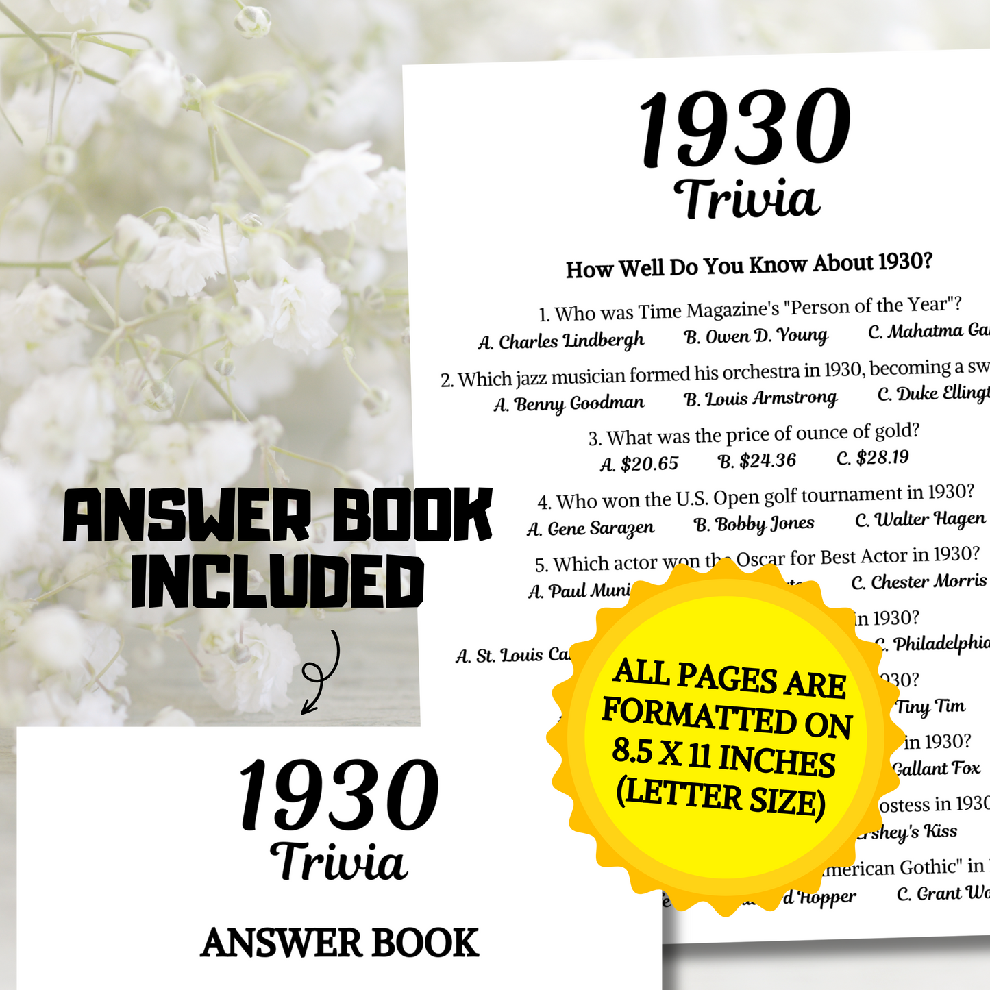 1930 Trivia Game | Printable 95th Birthday Party Game