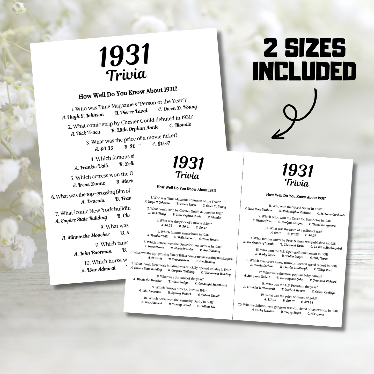 1931 Trivia Game | Printable 94th Birthday Party Game