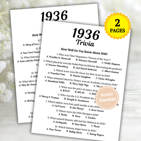 1936 Trivia Game | Printable 89th Birthday Party Game