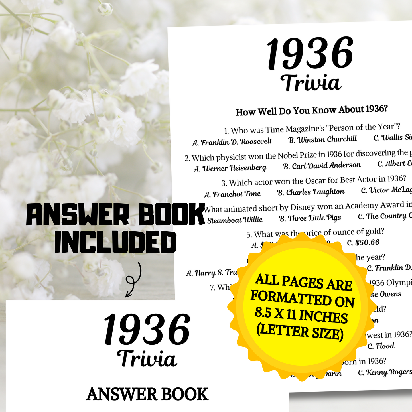 1936 Trivia Game | Printable 89th Birthday Party Game