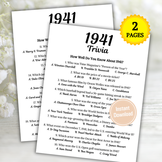1941 Trivia Game | Printable 84th Birthday Party Game