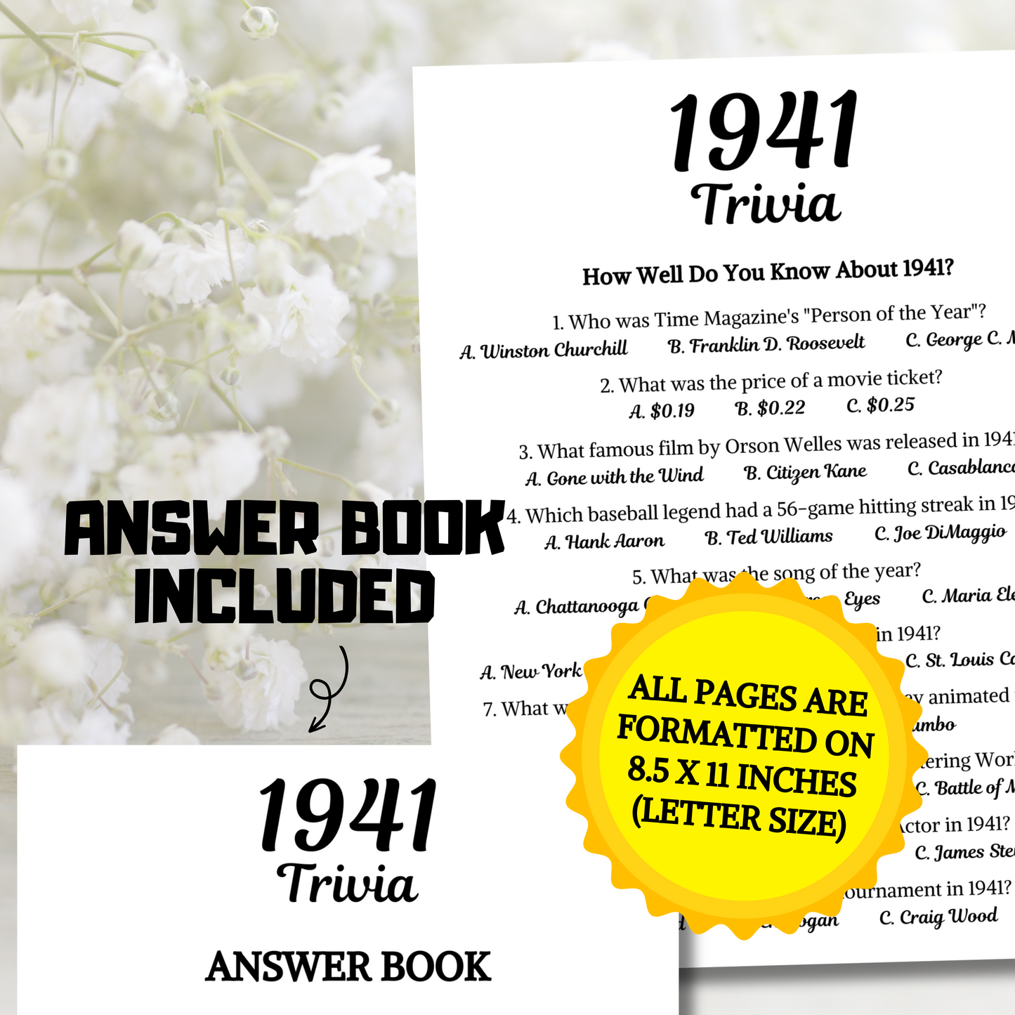 1941 Trivia Game | Printable 84th Birthday Party Game