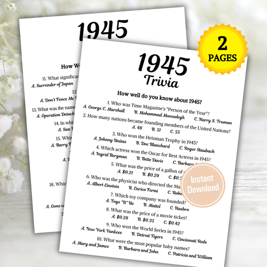 1945 Trivia Game | Printable 80th Birthday Party Game