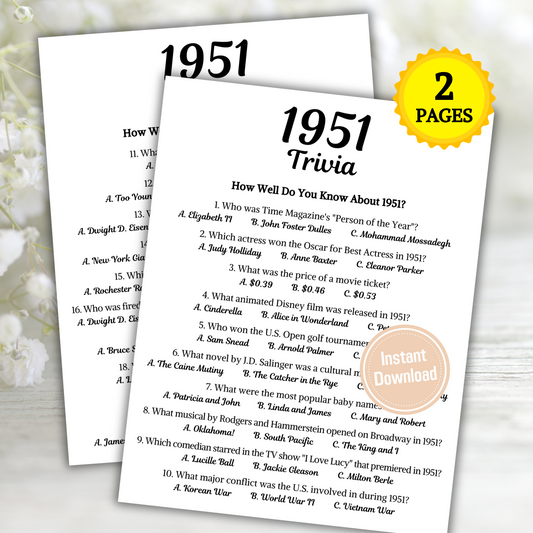 1951 Trivia Game | Printable 74th Birthday Party Game