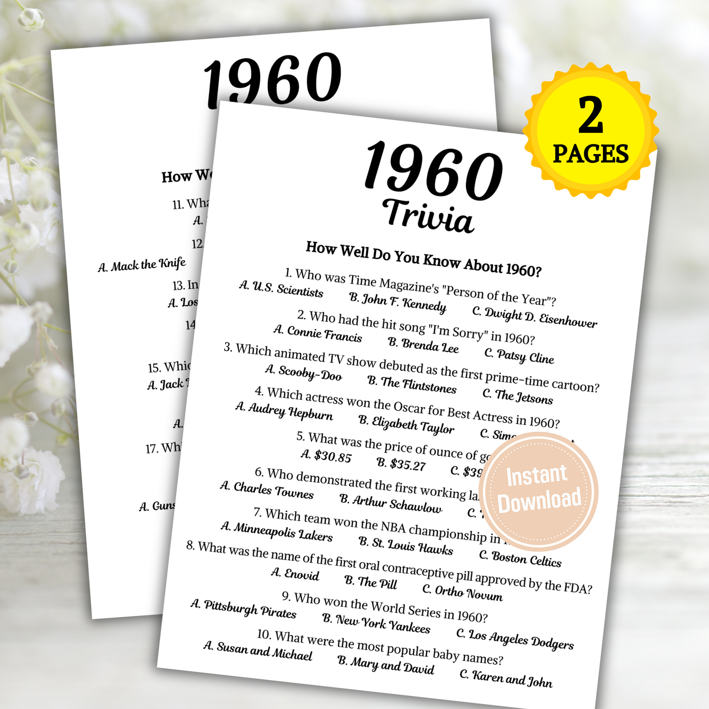 1960 Trivia Game | Printable 65th Birthday Party Game