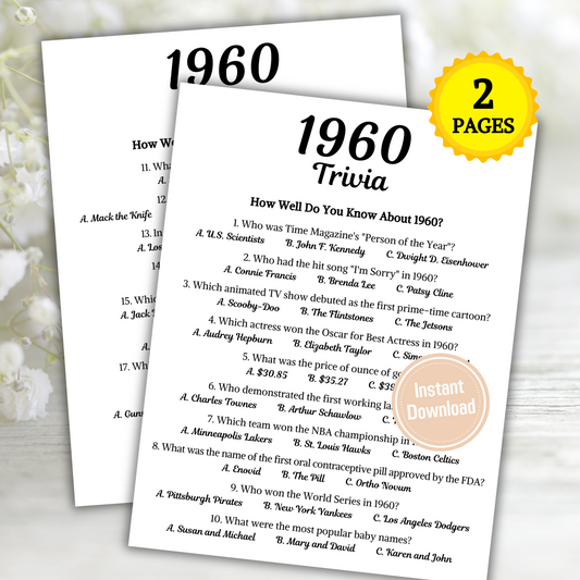 1960 Trivia Game | Printable 65th Birthday Party Game