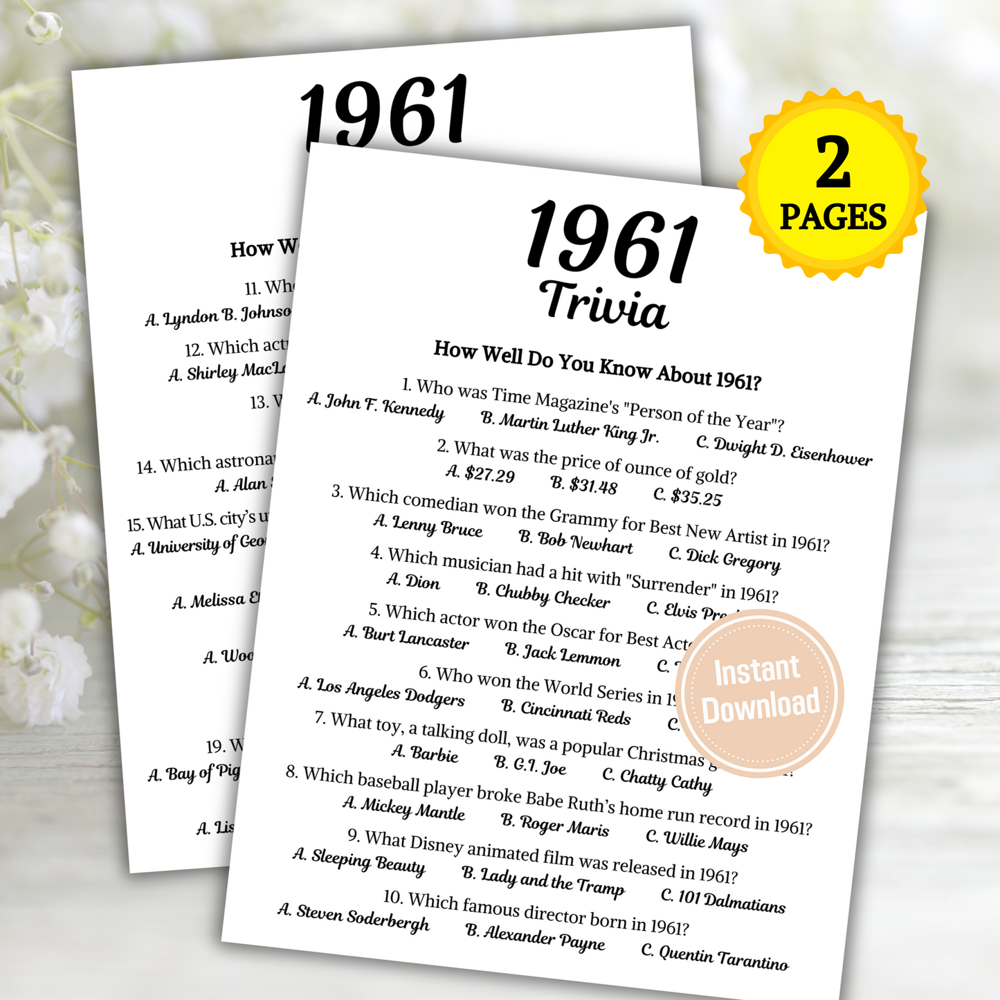 1961 Trivia Game | Printable 64th Birthday Party Game