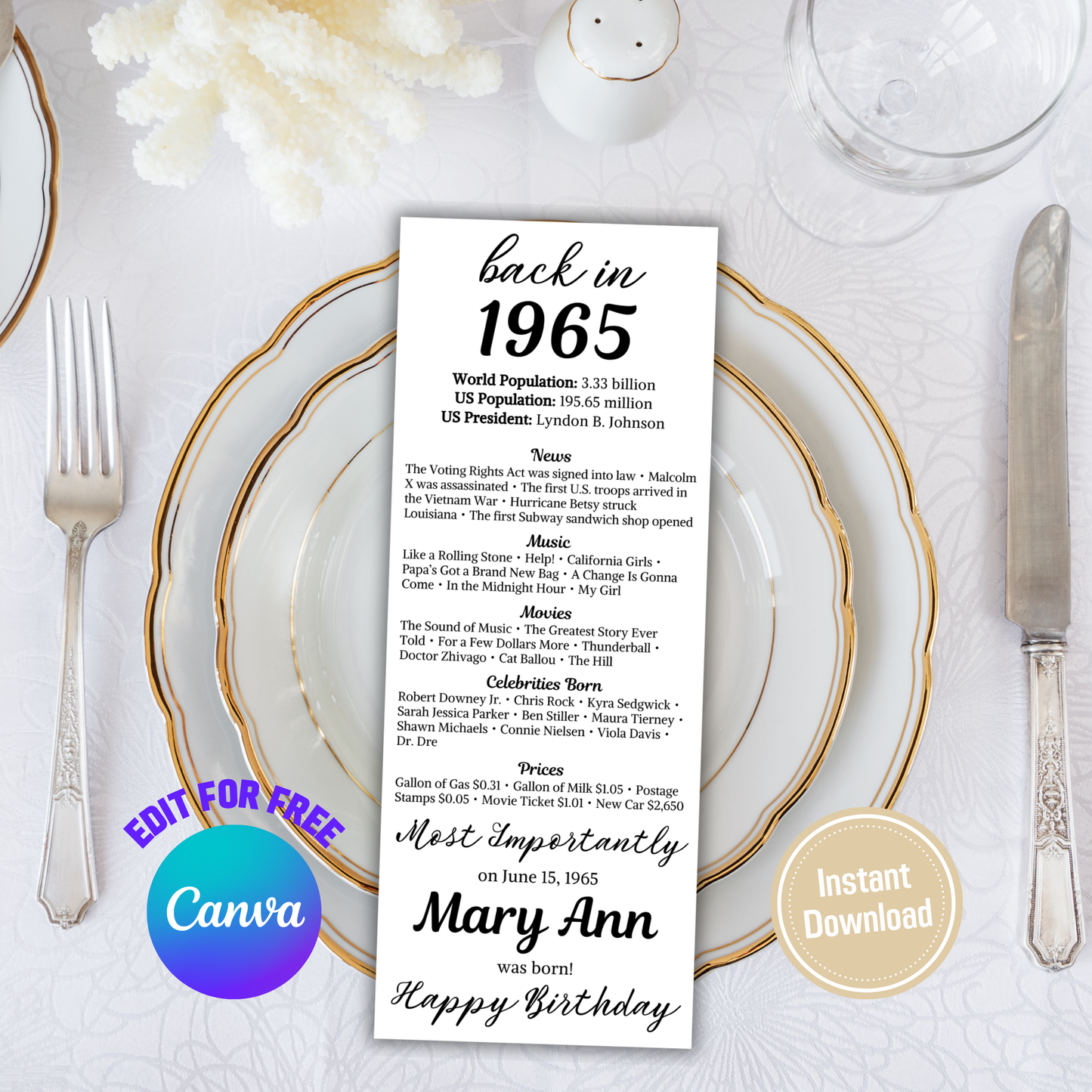 1965 Birthday Table Cards | Editable 60th Birthday Place Cards