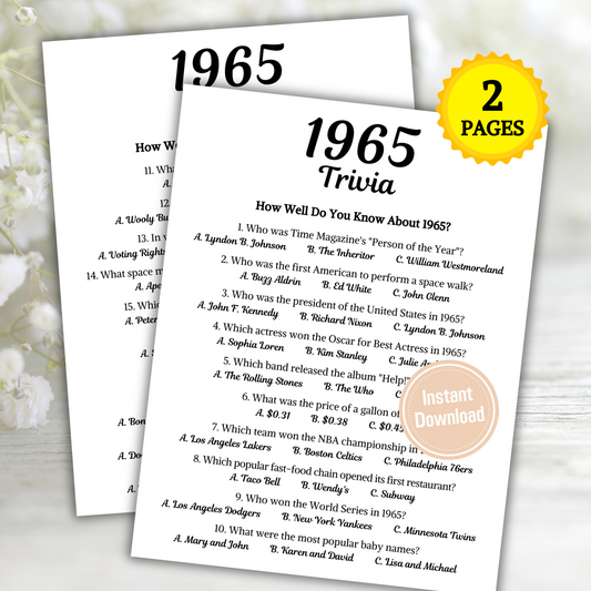 1965 Trivia Game | Printable 60th Birthday Party Game
