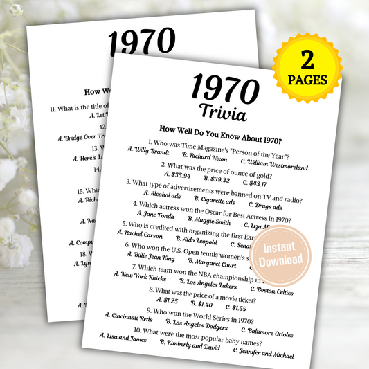 1970 Trivia Game | Printable 55th Birthday Party Game