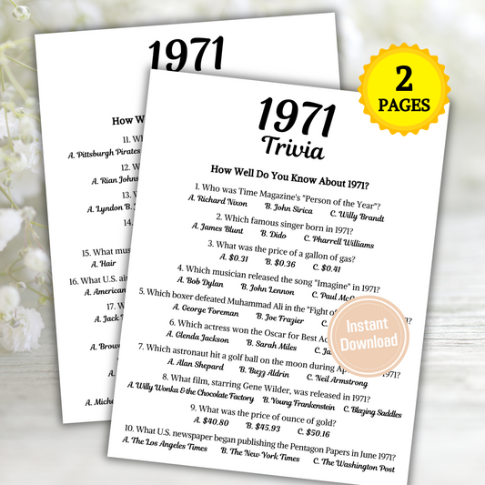 1971 Trivia Game | Printable 54th Birthday Party Game