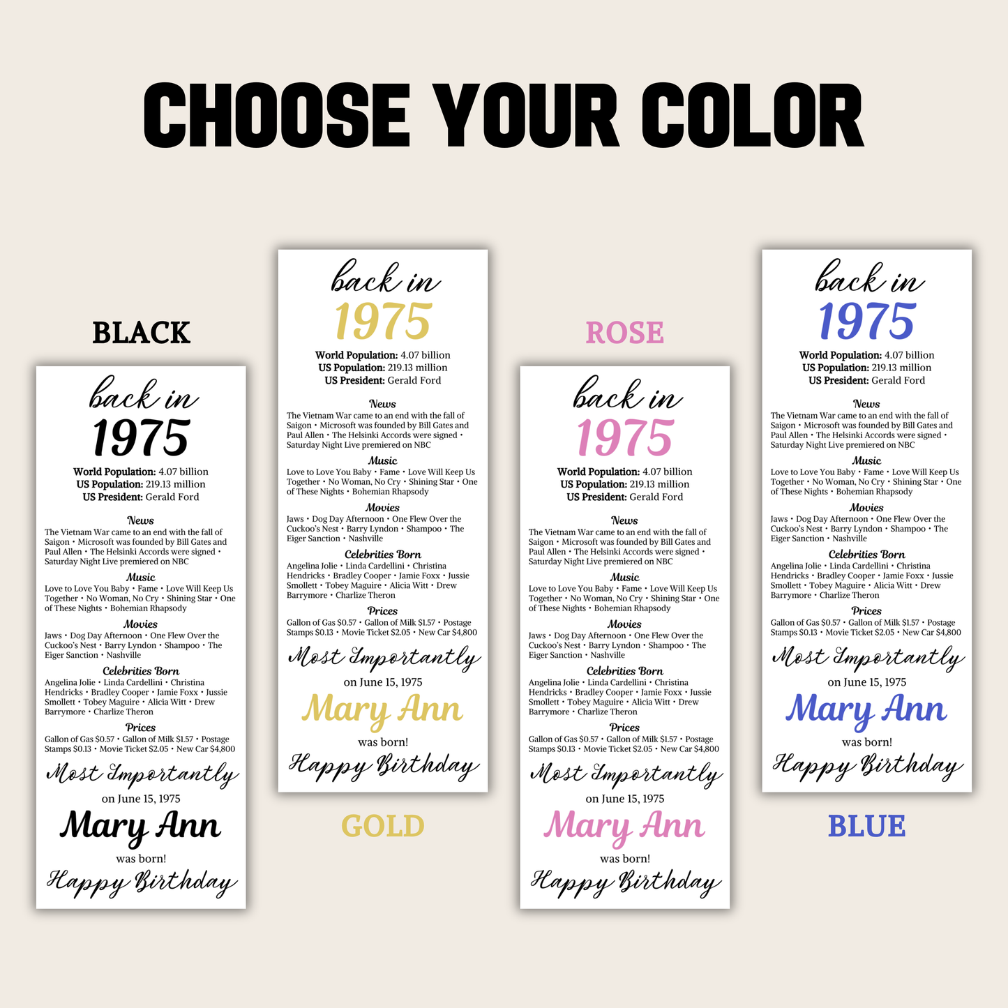 1975 Birthday Table Cards | Editable 50th Birthday Place Cards