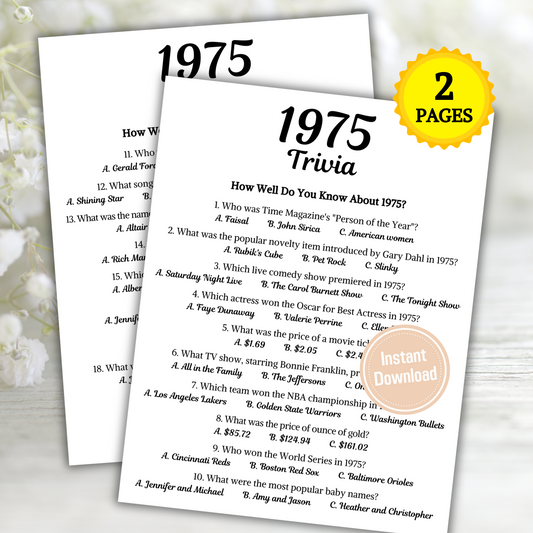 1975 Trivia Game | Printable 50th Birthday Party Game