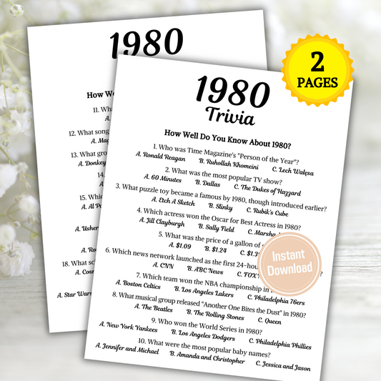 1980 Trivia Game | Printable 45th Birthday Party Game