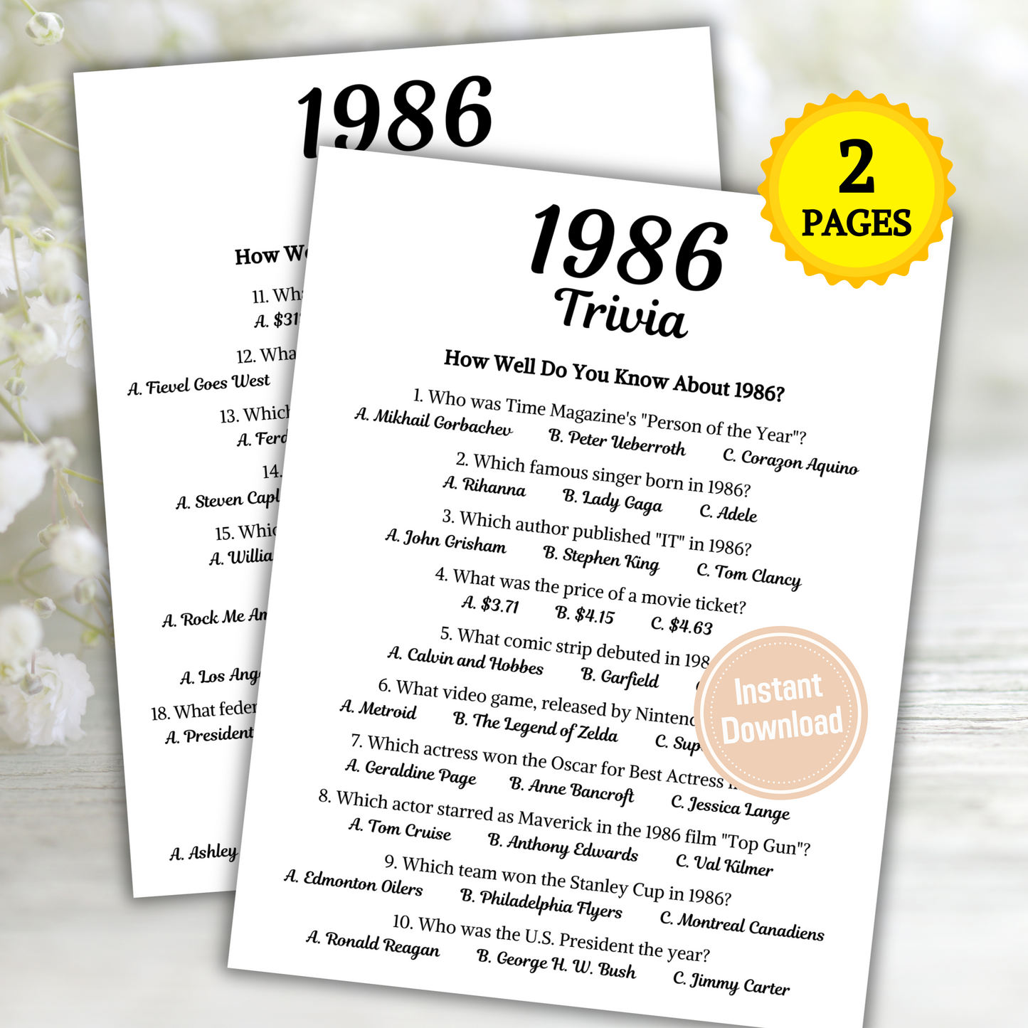 1986 Trivia Game | Printable 39th Birthday Party Game