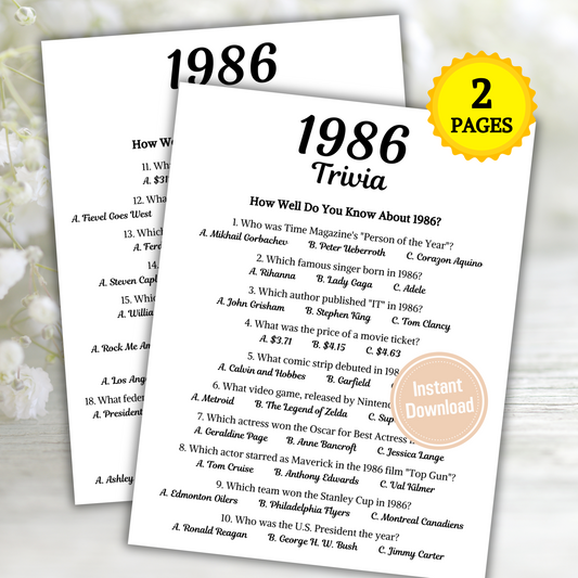 1986 Trivia Game | Printable 39th Birthday Party Game