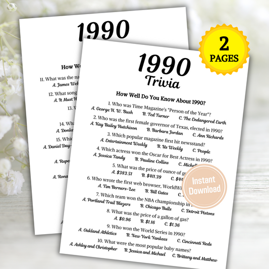 1990 Trivia Game | Printable 35th Birthday Party Game