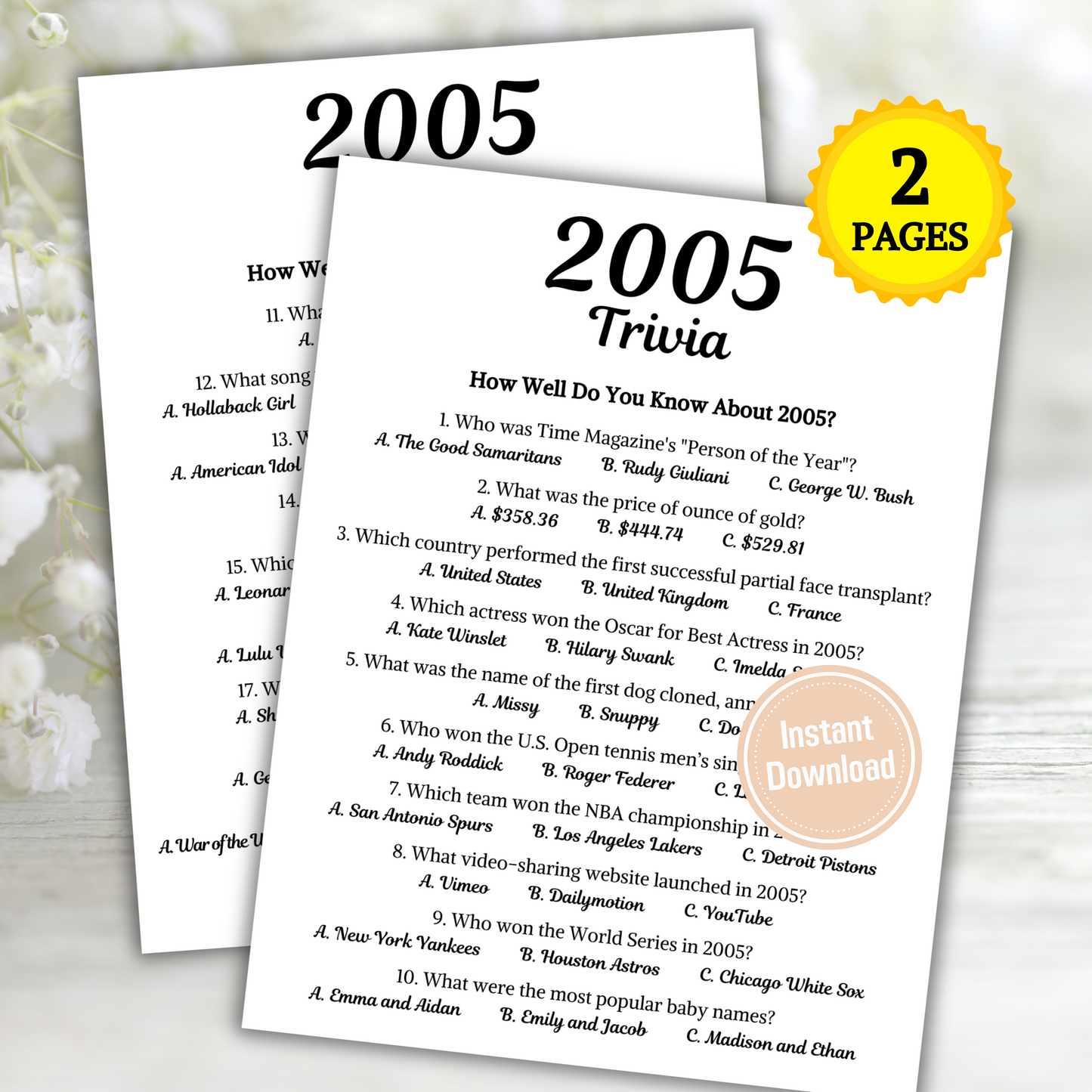 2005 Trivia Game | Printable 20th Birthday Party Game
