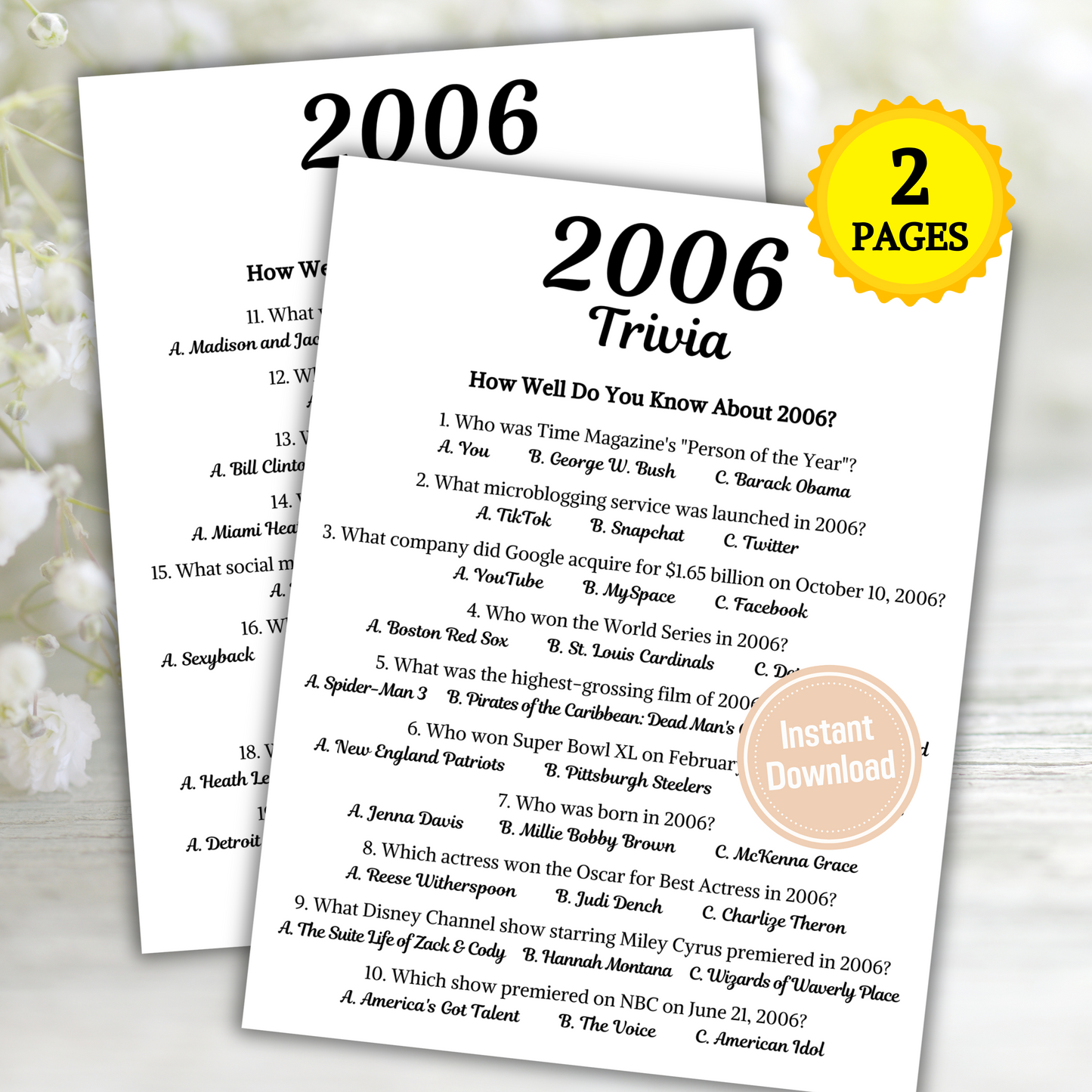 2006 Trivia Game | Printable 19th Birthday Party Game