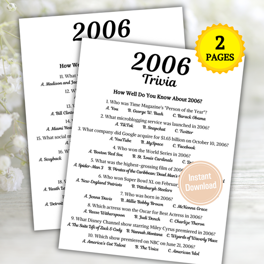 2006 Trivia Game | Printable 19th Birthday Party Game