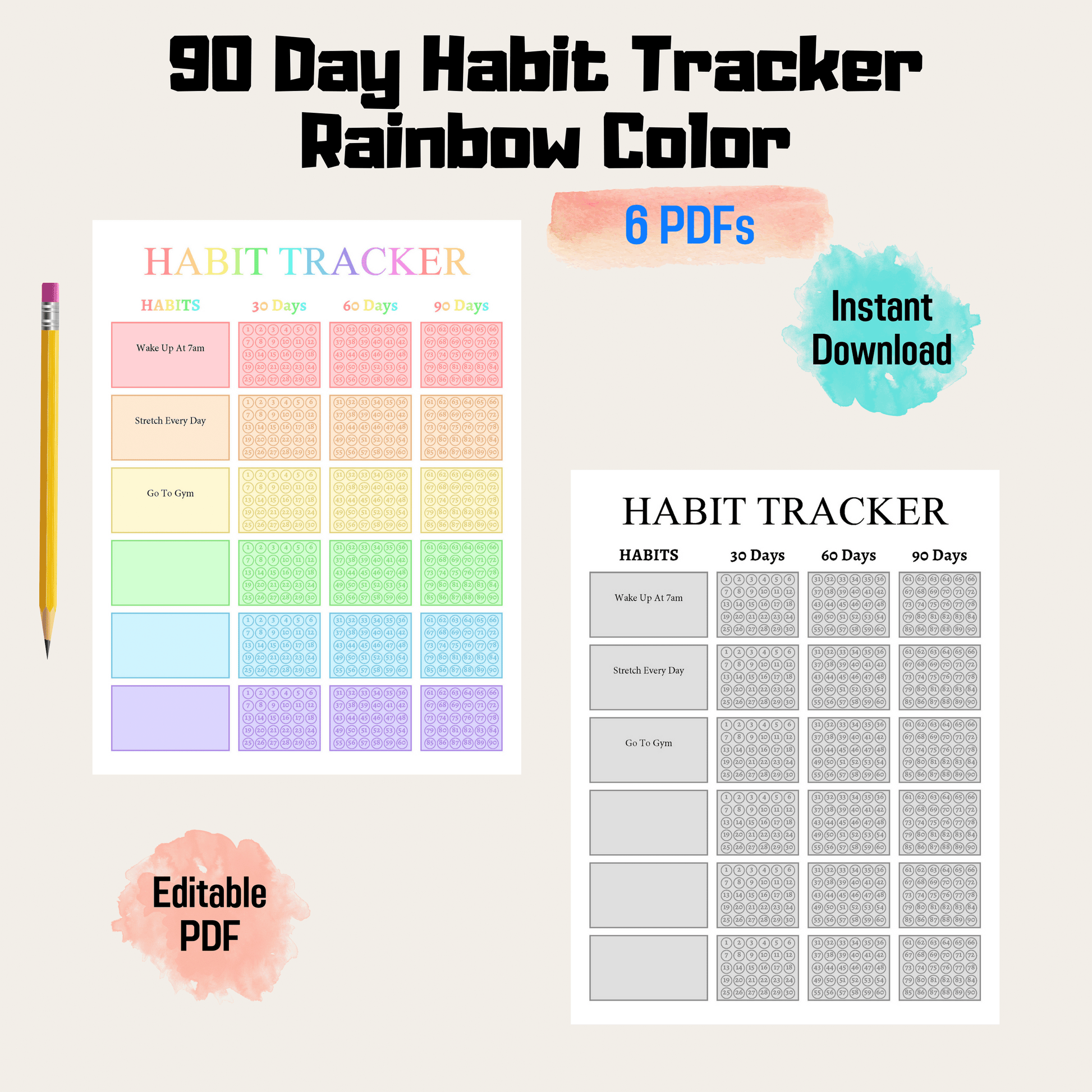 90 Day Habit Tracker 1: Rainbow Color