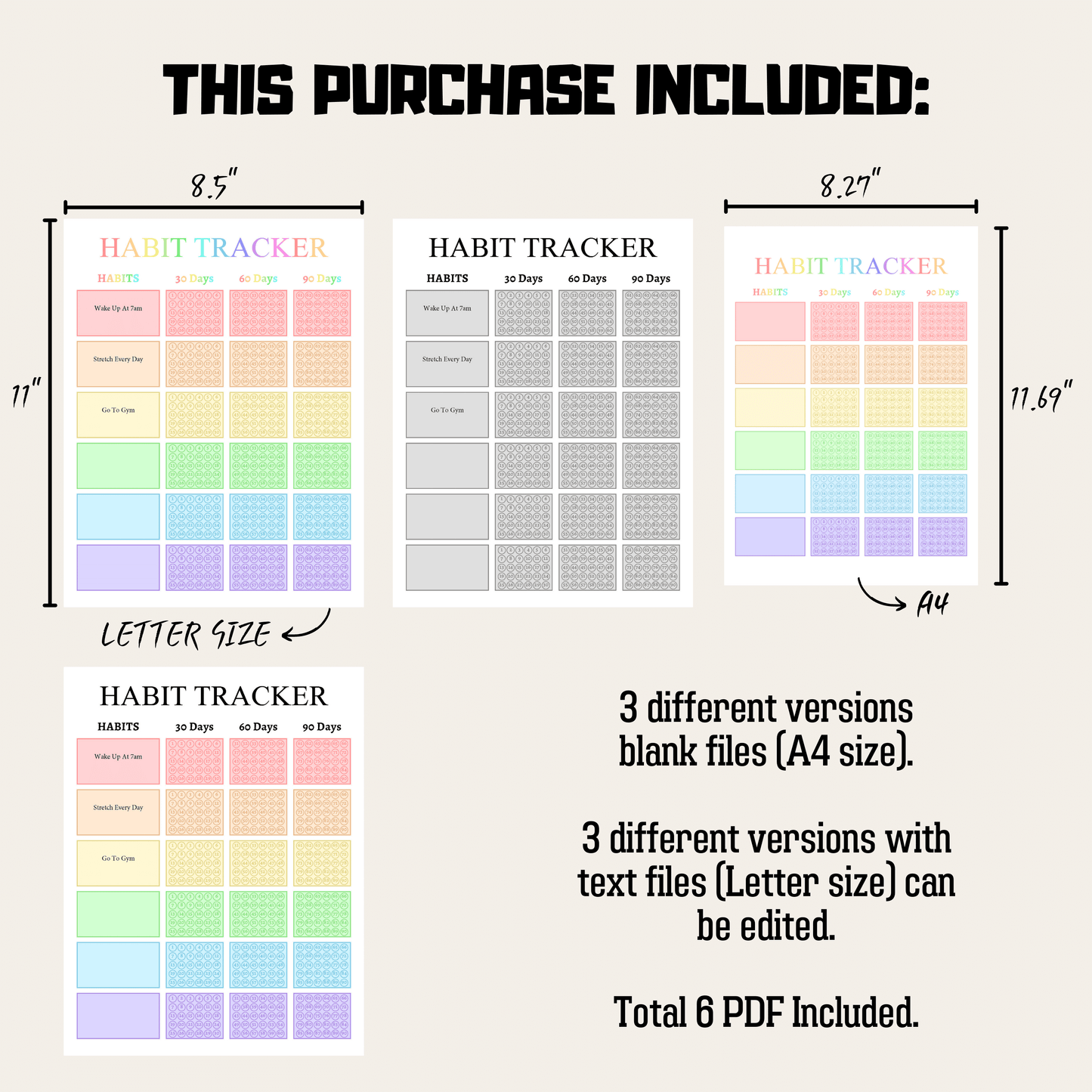 90 Day Habit Tracker 1: Rainbow Color Product Information Details And Print Out Size Demo