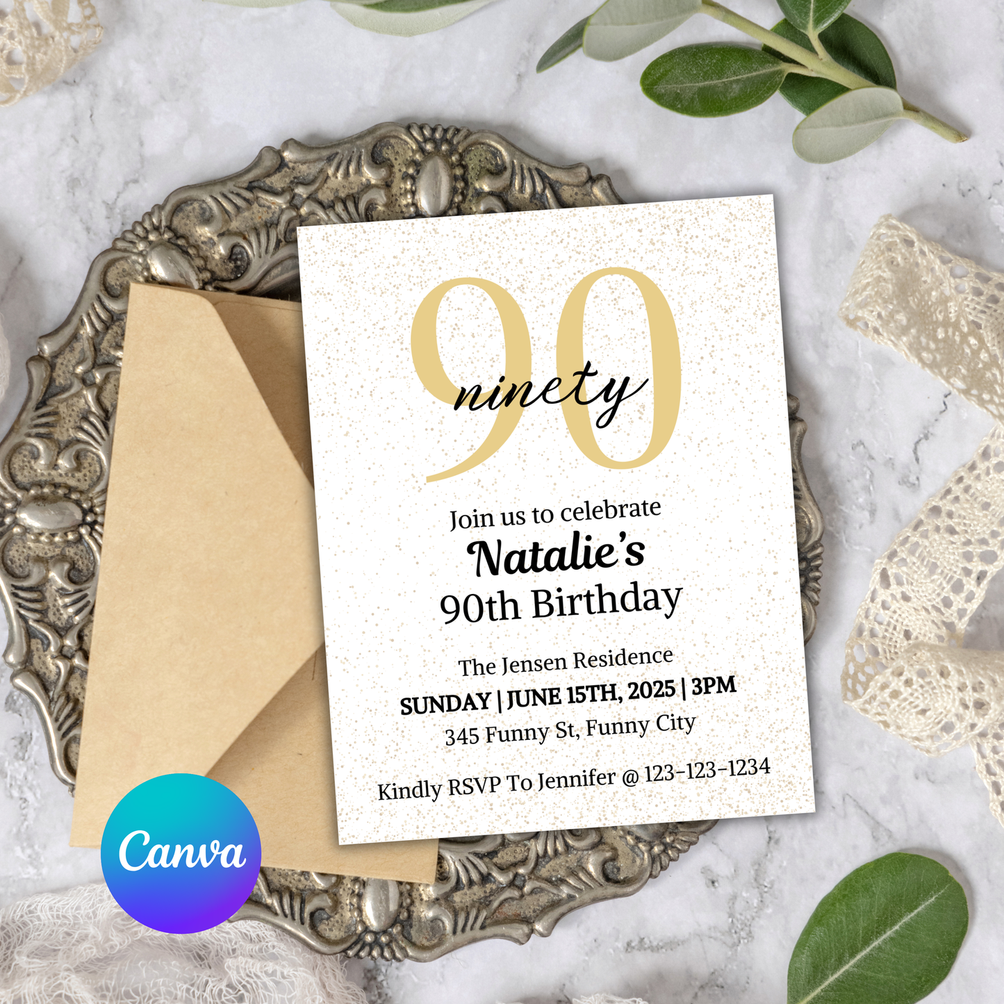 90th Birthday Invitation | Editable 90th Birthday Party Invite