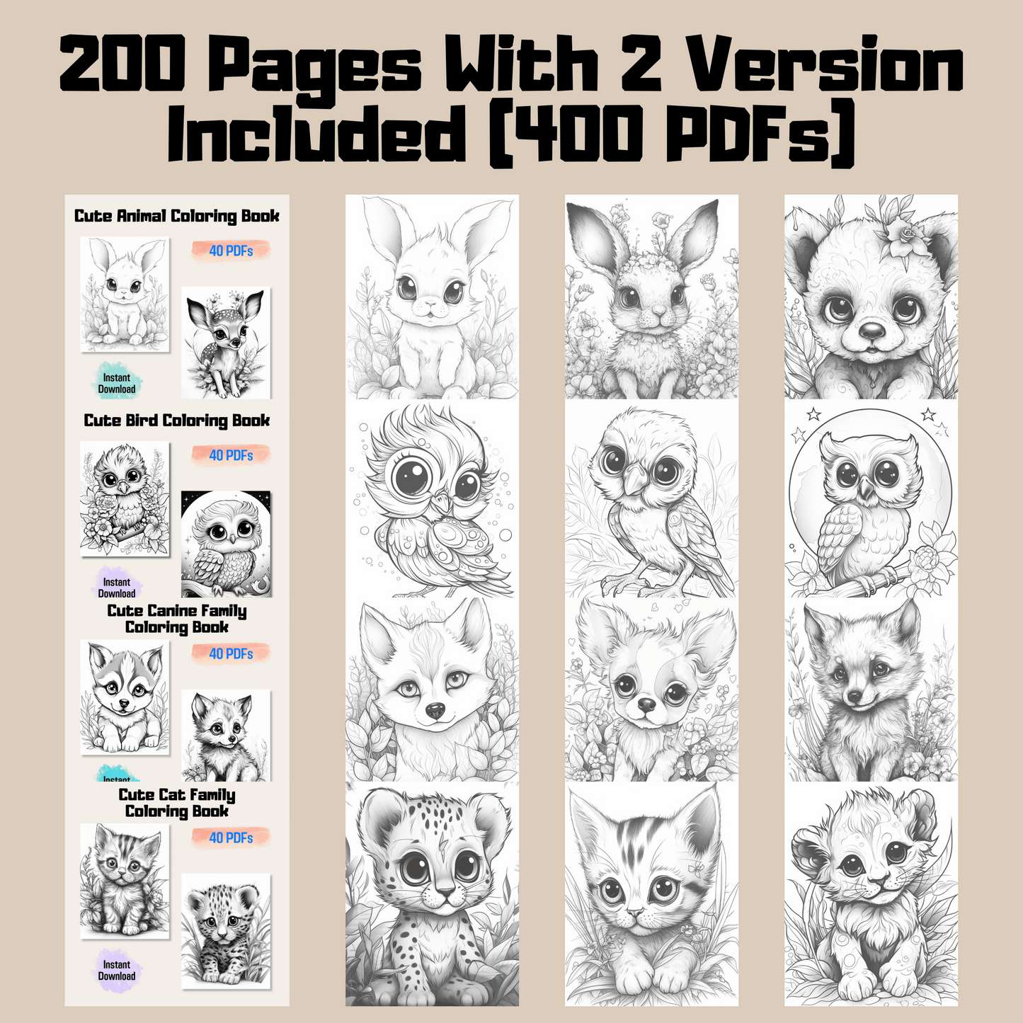 Adorable Baby Animal Coloring Book Bundle 1: Baby Animals 200 Pages Included