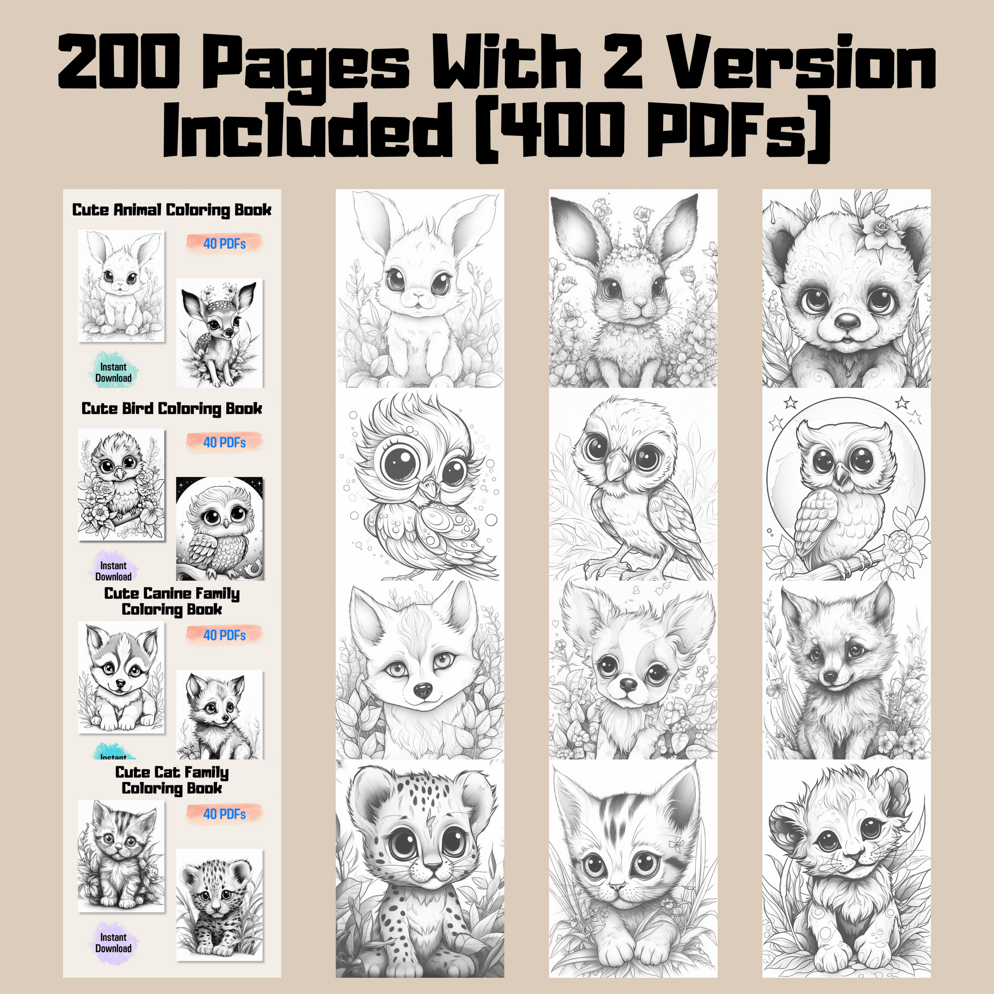 Adorable Baby Animal Coloring Book Bundle 1: Baby Animals 200 Pages Included