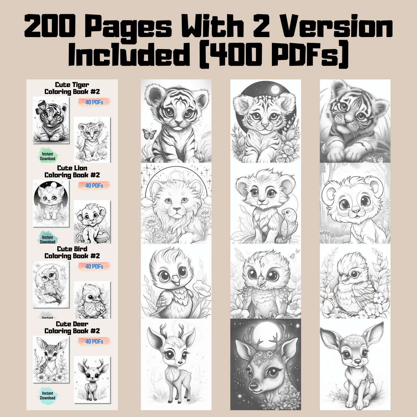 Adorable Baby Animal Coloring Book Bundle 2: Baby Animals 200 Pages Included