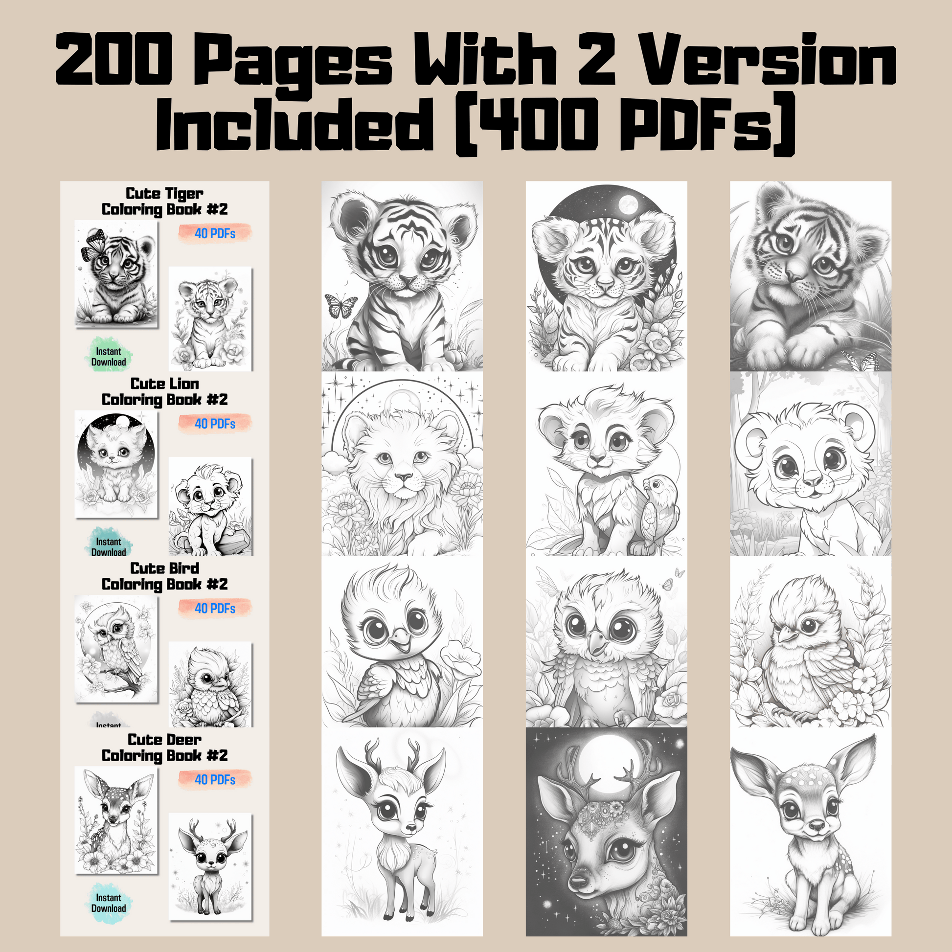 Adorable Baby Animal Coloring Book Bundle 2: Baby Animals 200 Pages Included