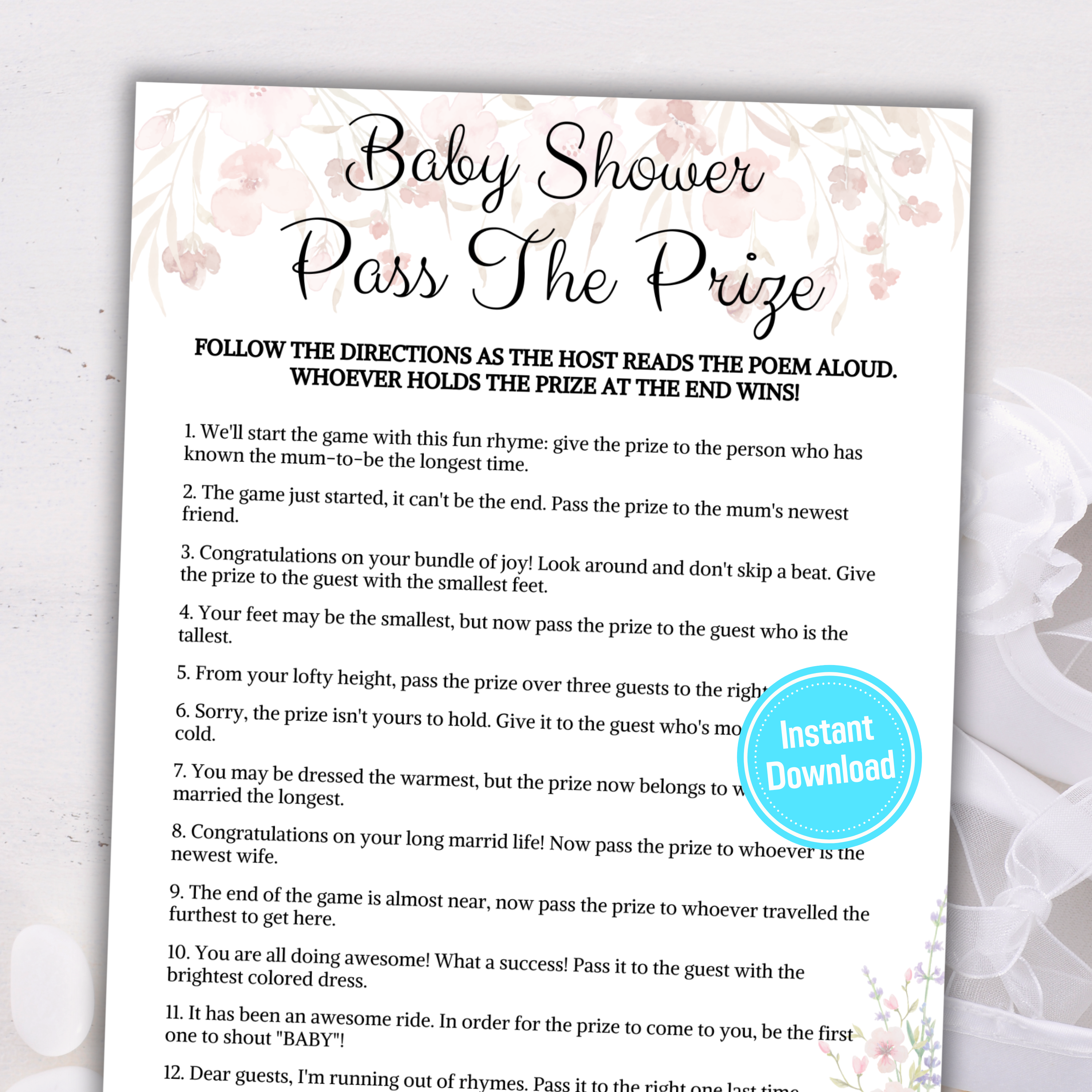 Baby Shower Pass The Prize Rhyme Game Pass The Gift DIY Printable