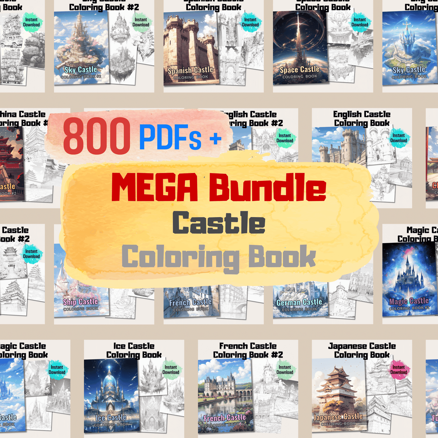 Castle Coloring Book Mega Bundle, 800 Pages of Enchanting Castles and Fantasy Scenes