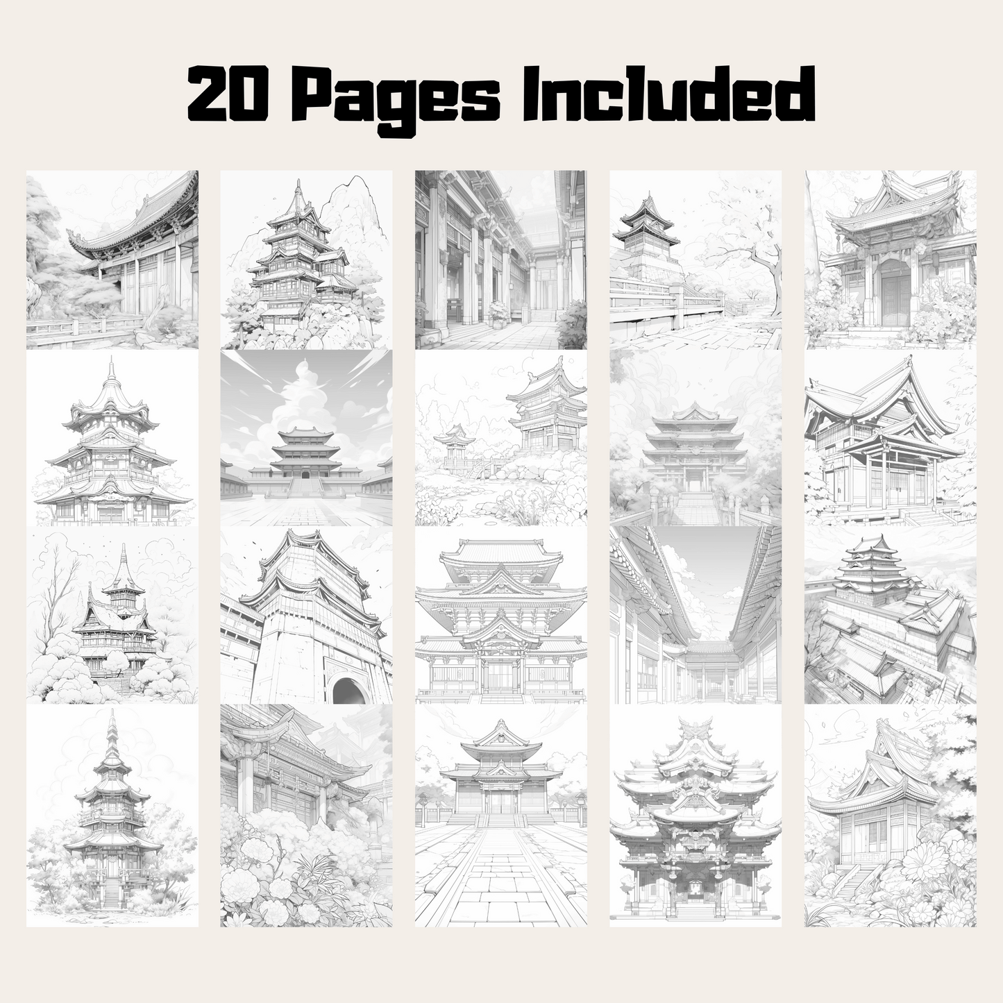 20 Pages China Castle Coloring Book, Detailed Chinese Architecture Art
