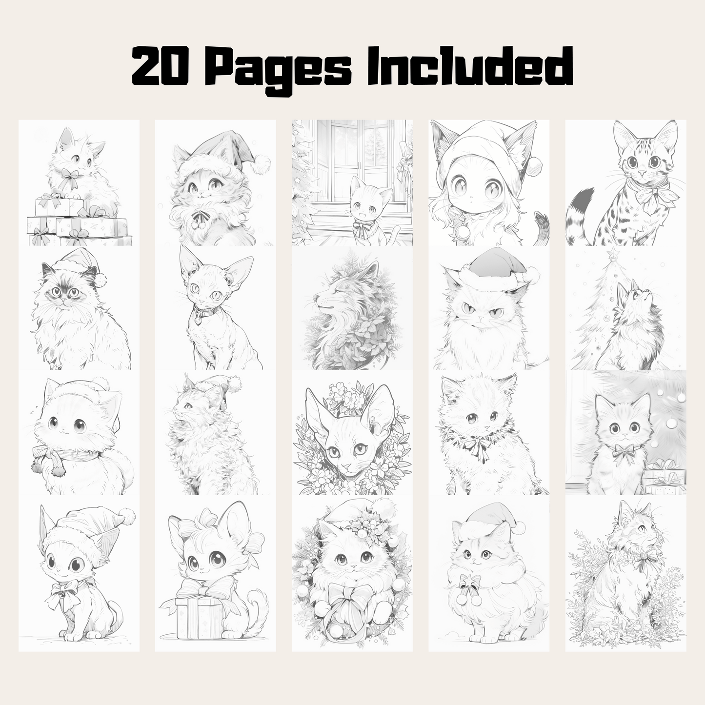 Christmas Cats Coloring Book, 20 Unique Cat Grayscale Coloring Pages for All Ages