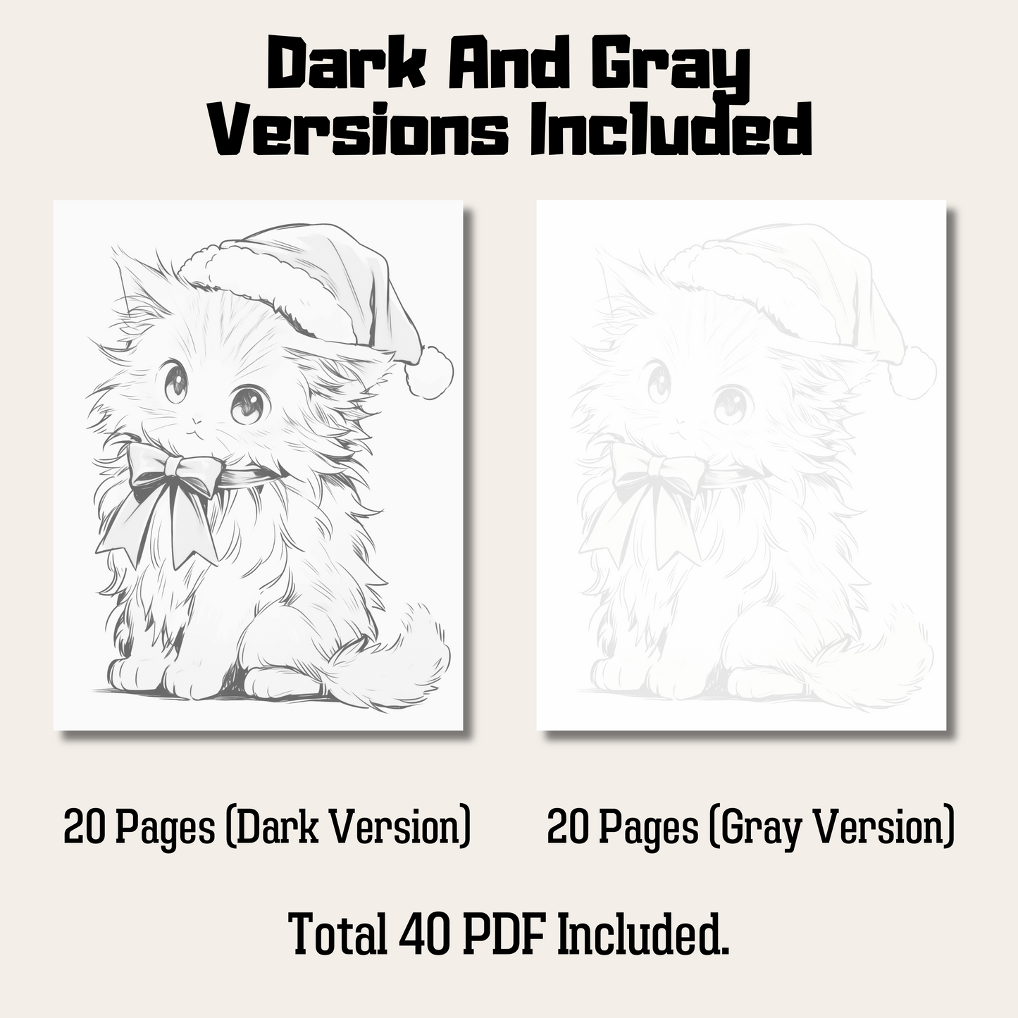 20 Pages Christmas Cats Coloring Book, Cat Grayscale Coloring Pages For All Ages