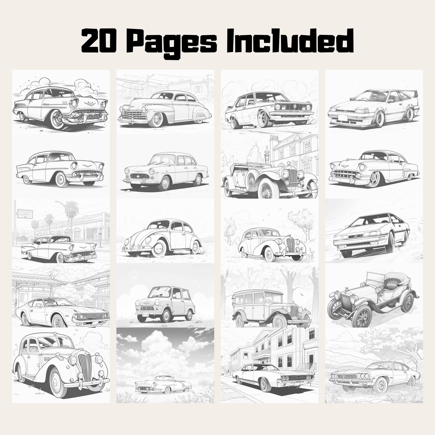 20 Pages Classic Car Coloring Book, Unique Automotive Art