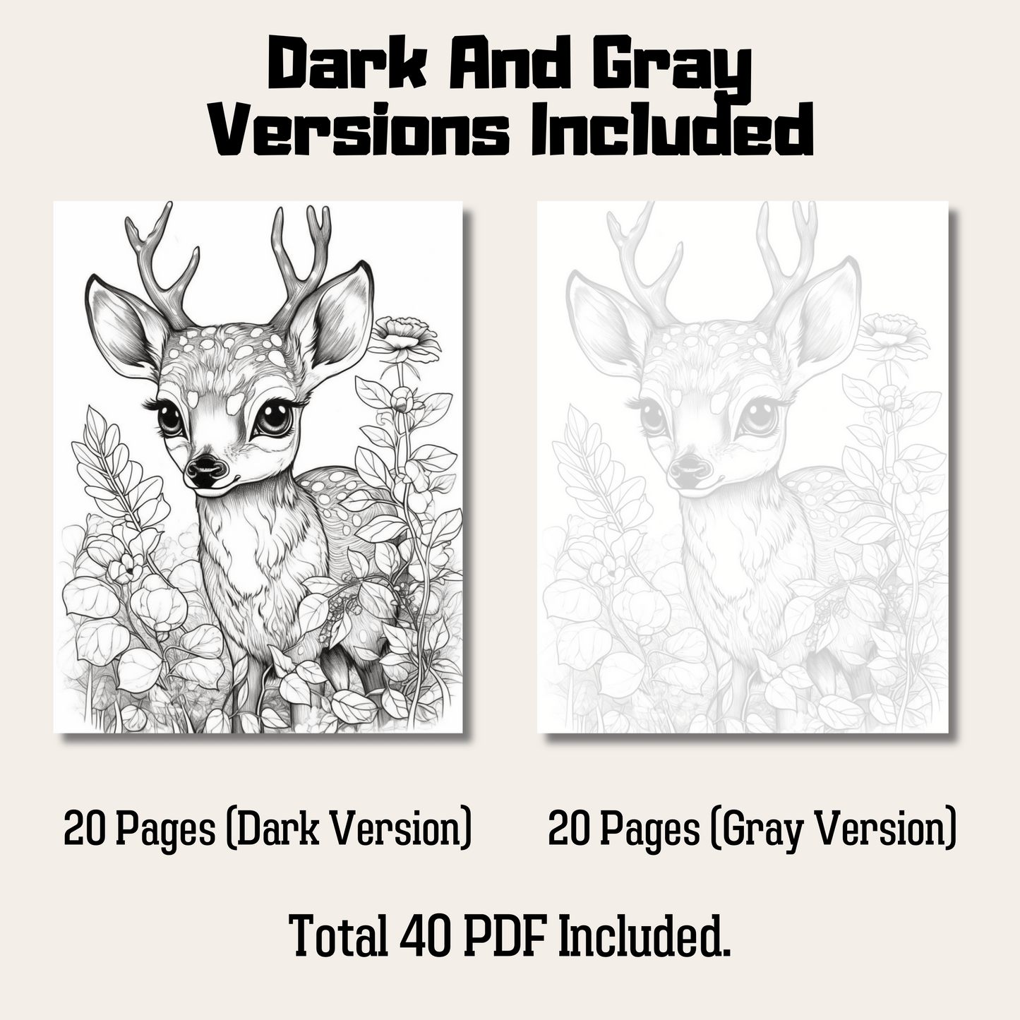 Cute Deer Coloring Book 1: Cute Baby Deer Dark And Gray Versions Demo
