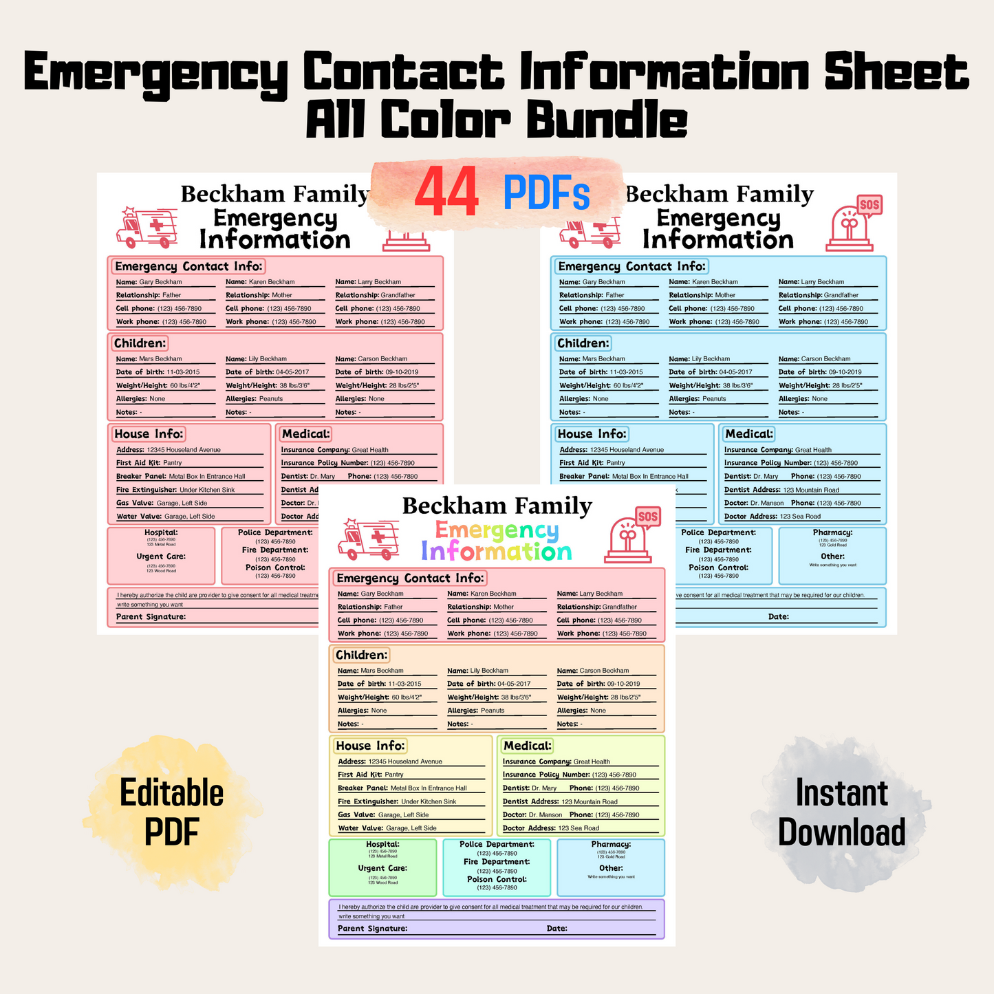 Emergency Contact Information Sheet Rainbow Color, Emergency Contact Form, Babysitter Info Sheet, In Case Of Emergency, Instant Download