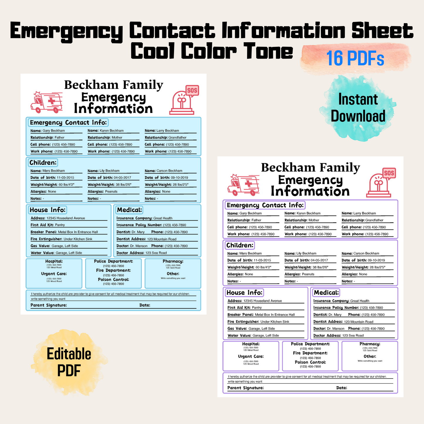 Emergency Contact Information Sheet Rainbow Color, Emergency Contact Form, Babysitter Info Sheet, In Case Of Emergency, Instant Download