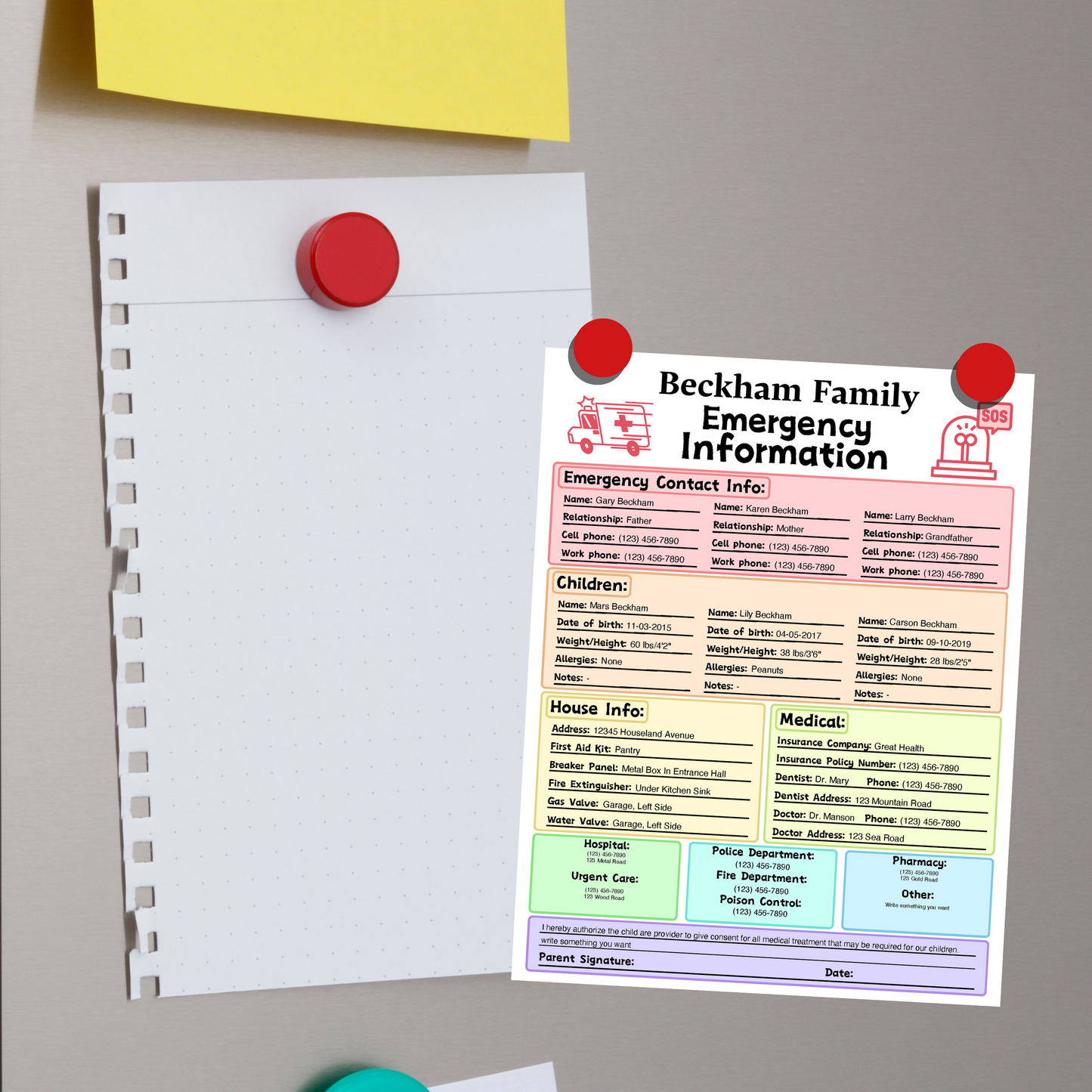 Editable Emergency Contact Information Sheet 1: Rainbow Color Print Out Demo