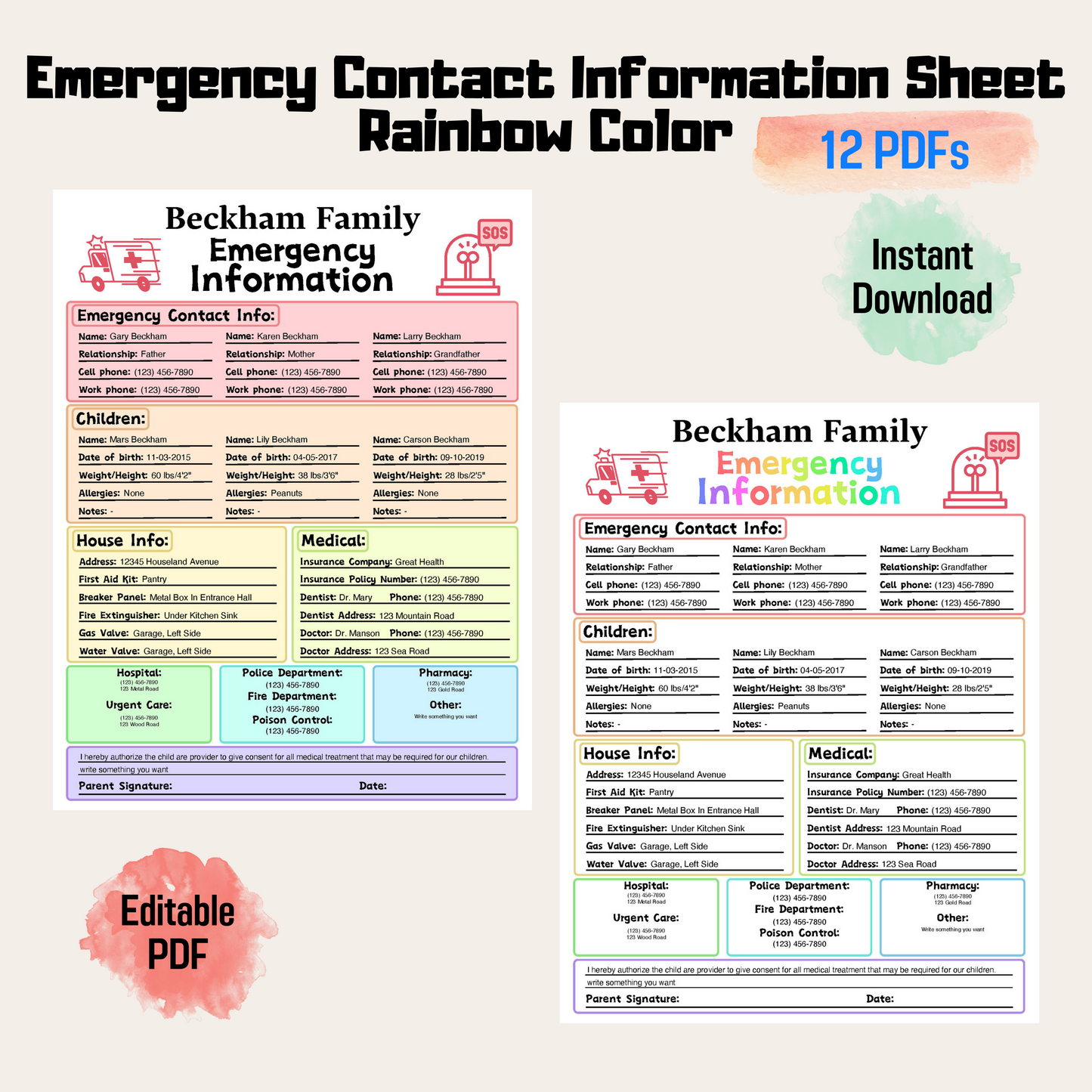 Editable Emergency Contact Information Sheet 1: Rainbow Color