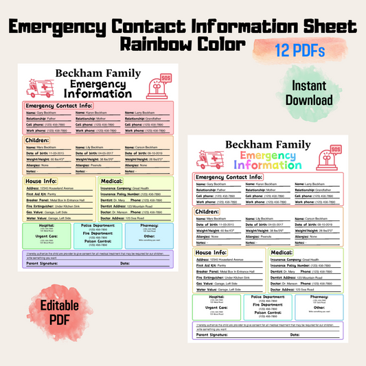 Editable Emergency Contact Information Sheet 1: Rainbow Color