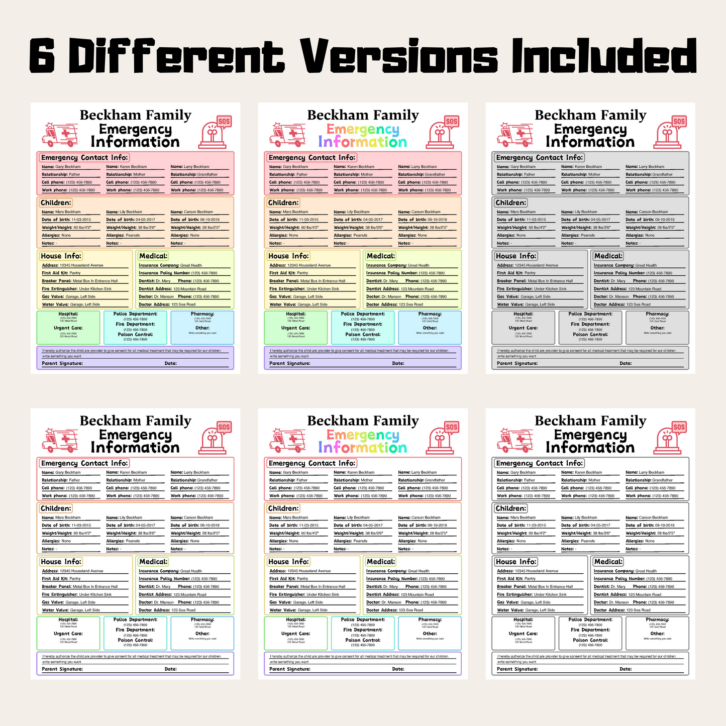 Editable Emergency Contact Information Sheet 1: Rainbow Color 6 Versions Included