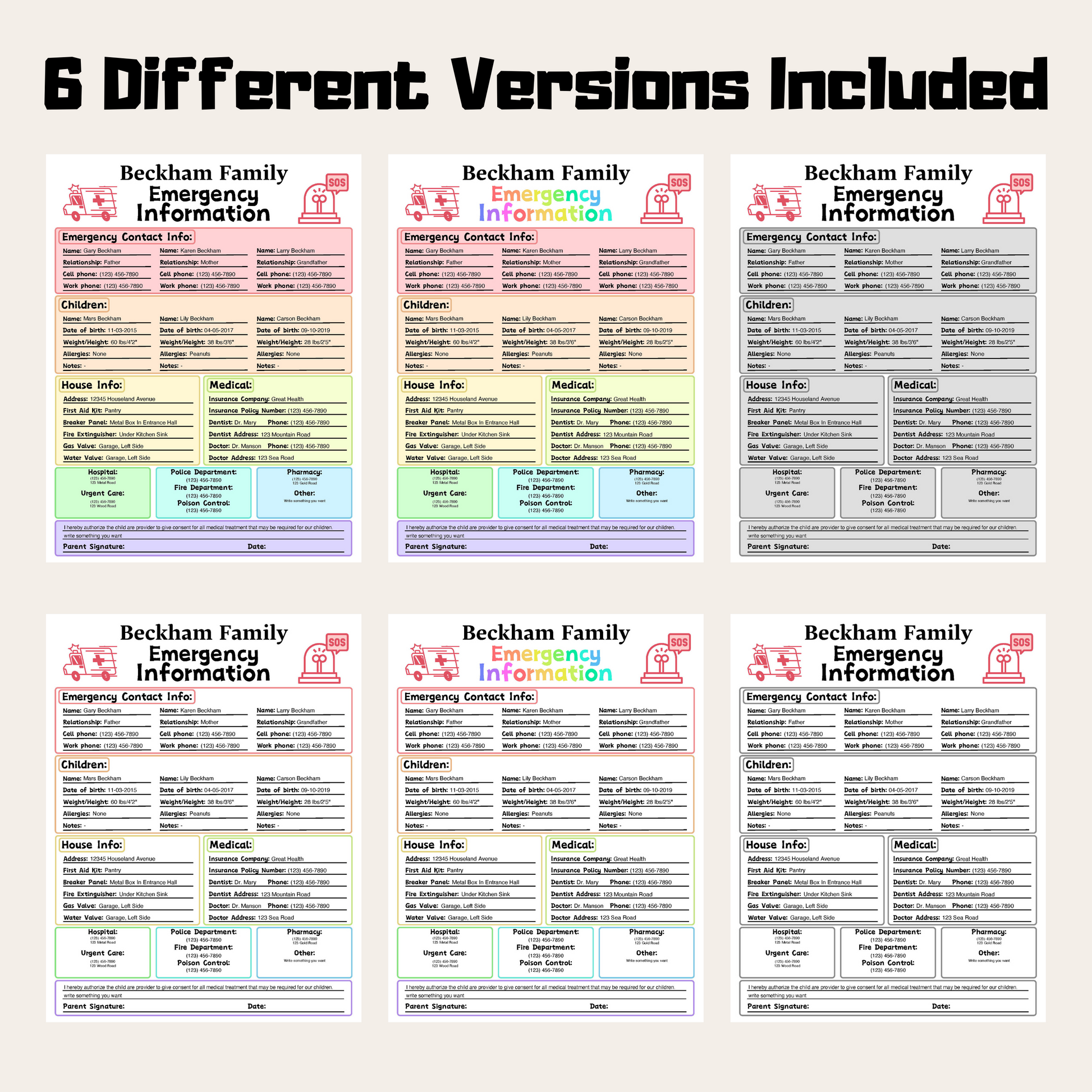 Editable Emergency Contact Information Sheet 1: Rainbow Color 6 Versions Included