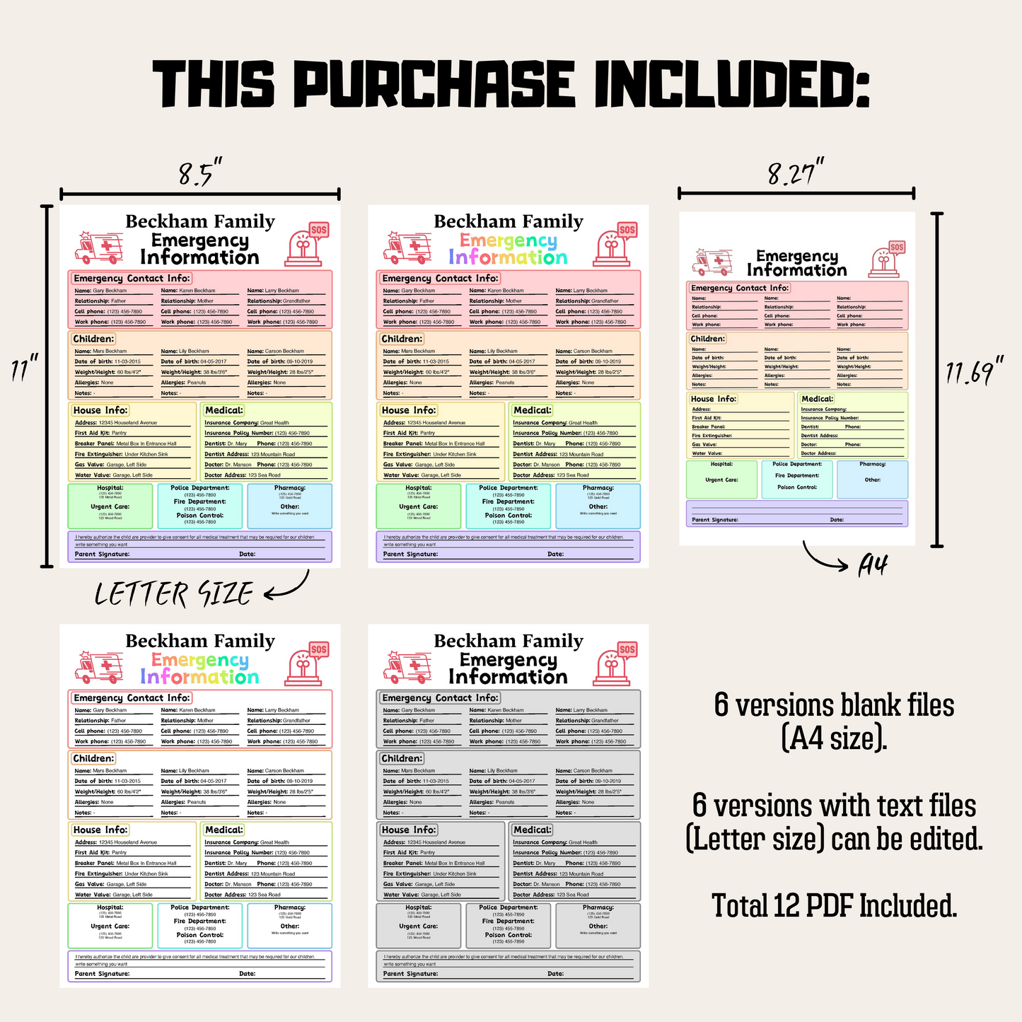 Editable Emergency Contact Information Sheet 1: Rainbow Color Product Information Details And Print Out Size Demo