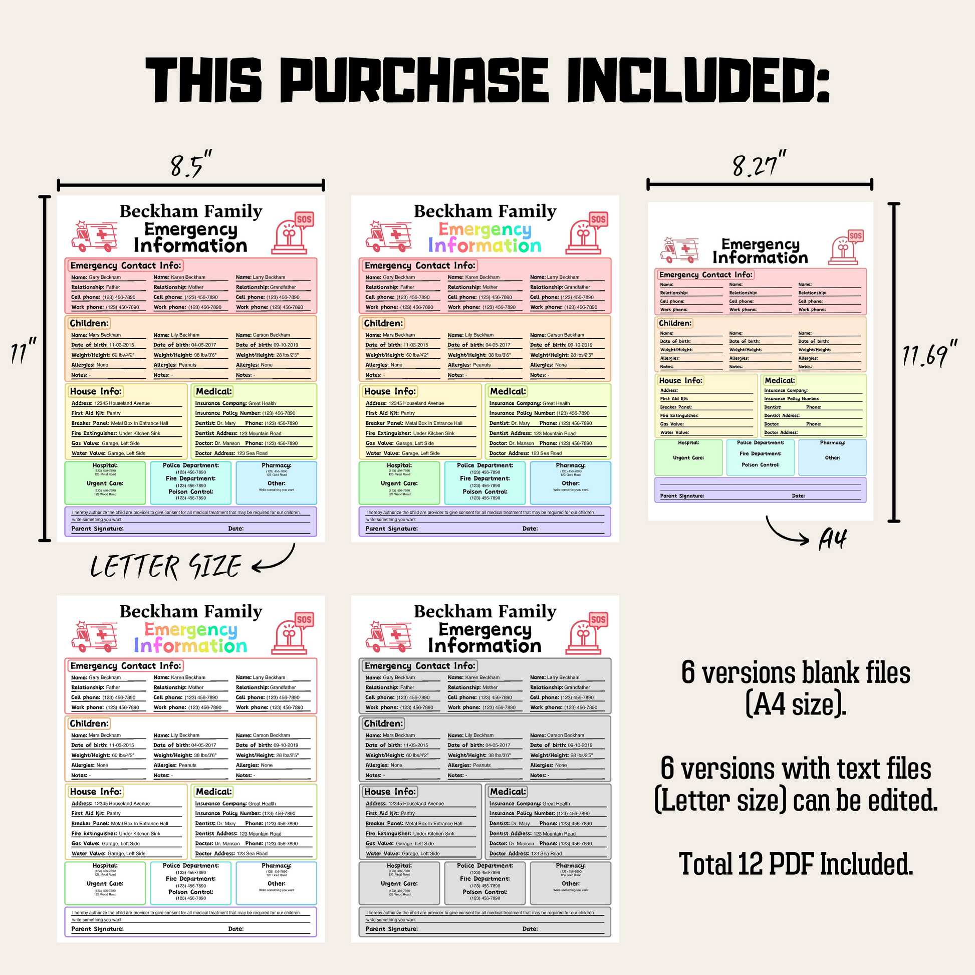 Editable Emergency Contact Information Sheet 1: Rainbow Color Product Information Details And Print Out Size Demo